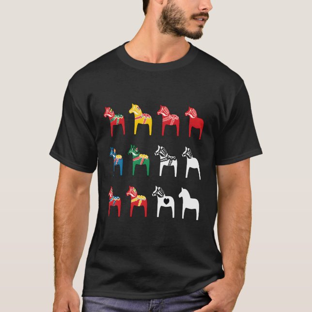 Dalecarlian Dalarna Colourful Swedish Dala Horses T-Shirt (Front)