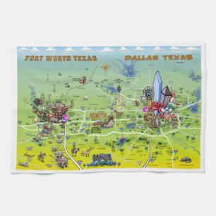 Dallas Fort Worth Cartoon Map Tea Towel