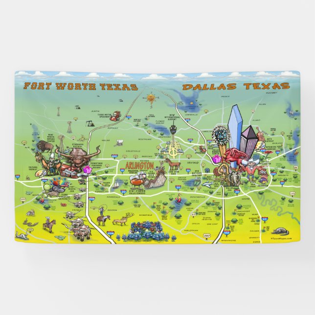 Dallas Fort Worth Texas Cartoon Map Banner (Horizontal)