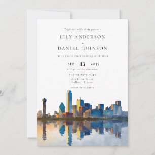 Dallas Skyline Watercolor Elegant Wedding Invitation
