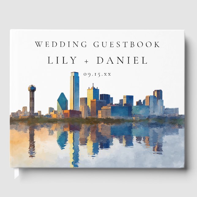 Dallas Skyline Watercolor Wedding Guest Book (Front)