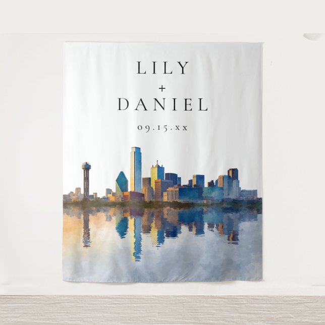 Dallas Skyline Wedding Photo Backdrop Tapestry (Front)