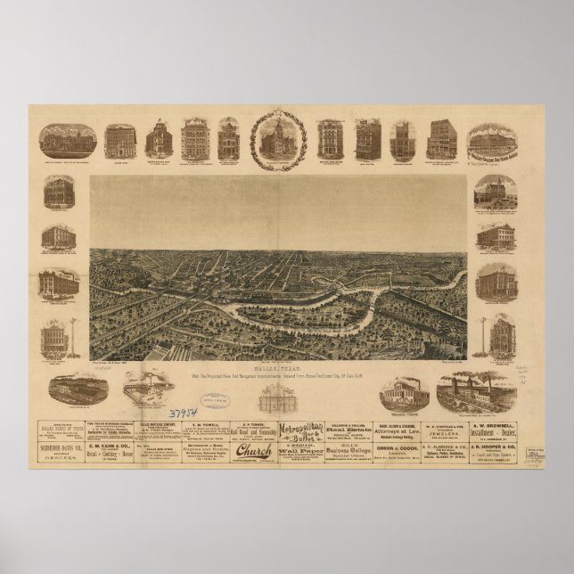 Dallas Texas 1892 Antique Panoramic Map Poster (Front)