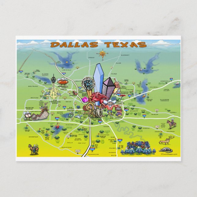 Dallas Texas Cartoon Map Postcard (Front)