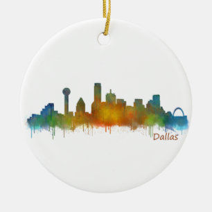 Dallas Texas City Watercolor Skyline Hq v2 Ceramic Ornament