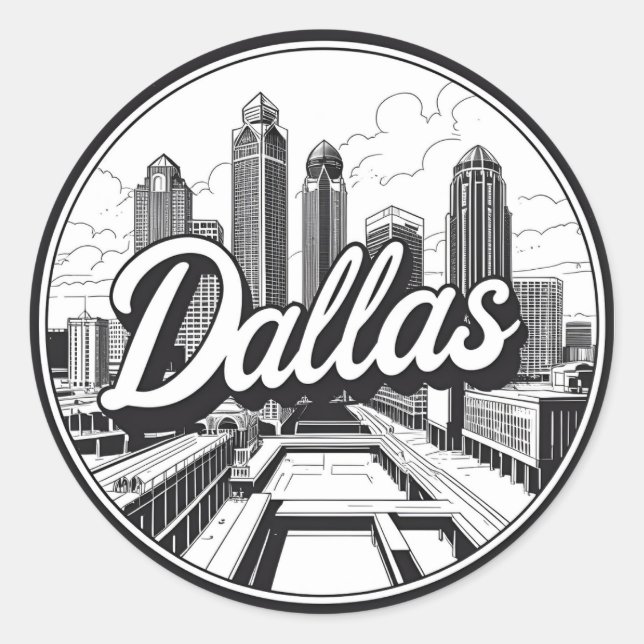Dallas Texas Skyline Black and White Cityscape Classic Round Sticker (Front)
