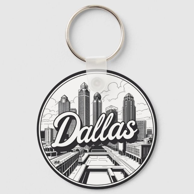 Dallas Texas Skyline Black and White Cityscape Key Ring (Front)