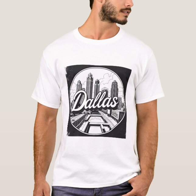 Dallas Texas Skyline Black and White Cityscape T-Shirt (Front)