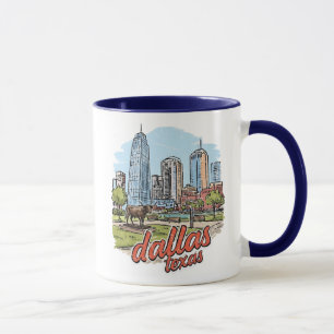 Dallas Texas Skyline Longhorn Retro Cityscape Mug