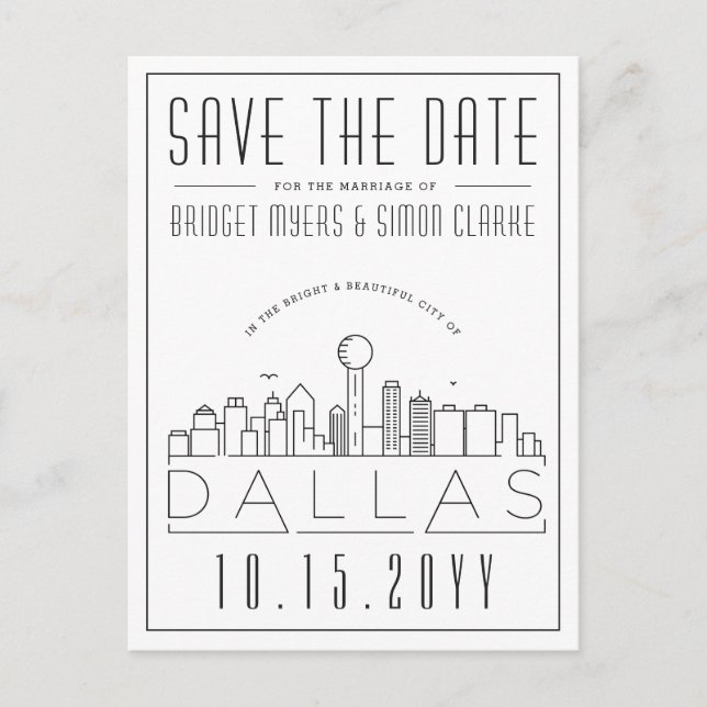 Dallas, Texas | Stylised Skyline Save the Date Postcard (Front)