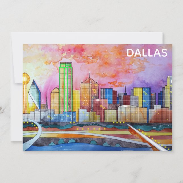 Dallas Texas Watercolor City Skyline Flat Card (Front)