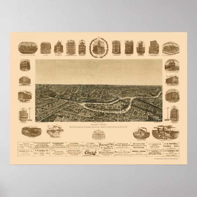 Dallas, TX Panoramic Map - 1892 Poster (Front)