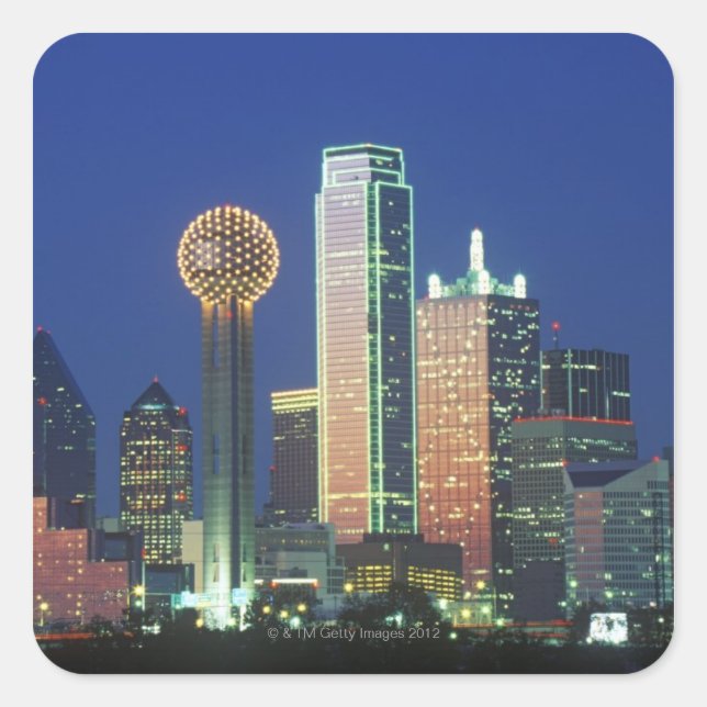 'Dallas, TX skyline at night with Reunion Tower' Square Sticker (Front)