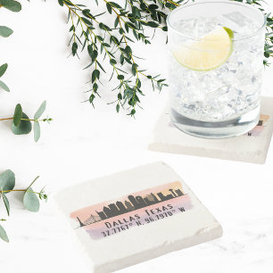 Dallas TX Skyline Latitude and Longitude Stone Coaster