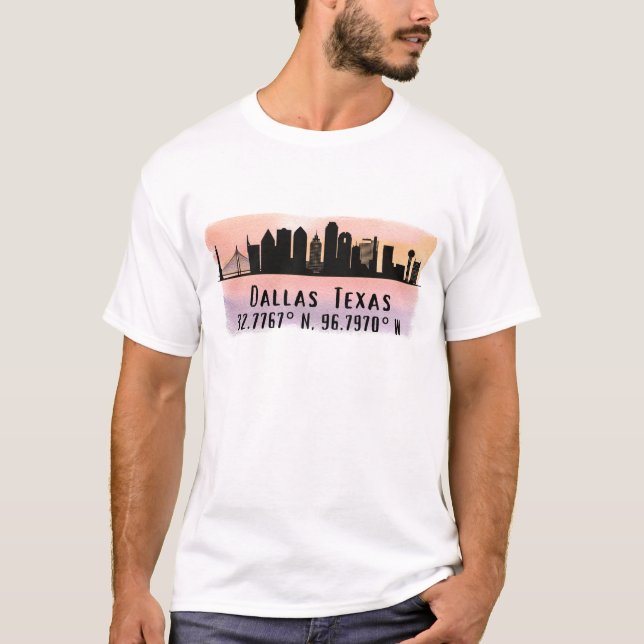 Dallas TX Skyline Latitude and Longitude  T-Shirt (Front)
