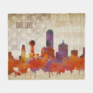 Dallas, TX Watercolor City Skyline Fleece Blanket