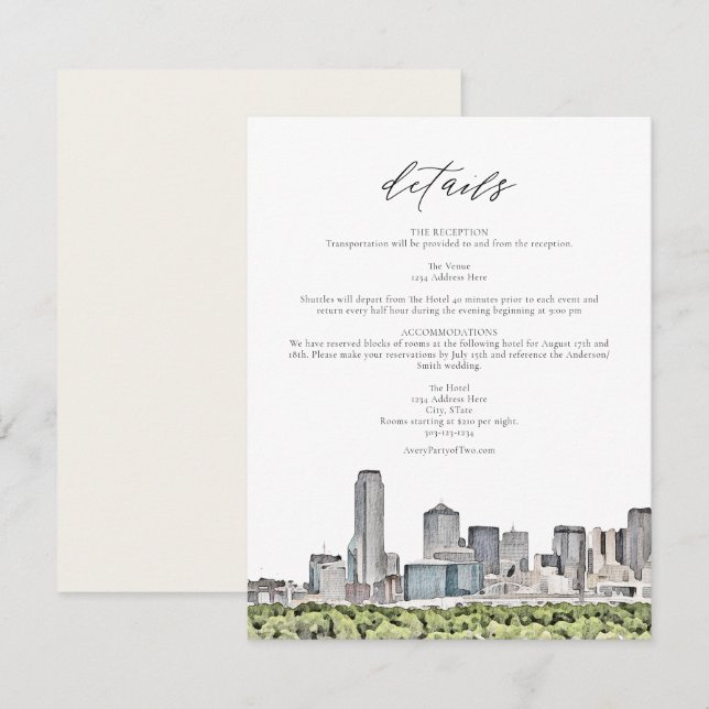 DALLAS Watercolor Skyline Wedding Details Card (Front/Back)