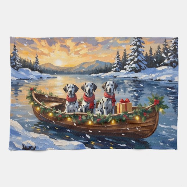 Dalmatian Christmas Boat Holiday Tea Towel (Horizontal)