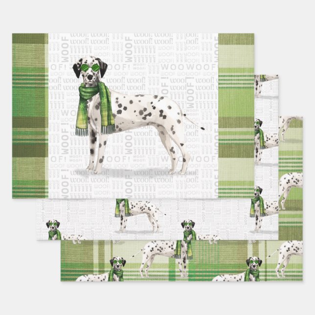Dalmatian Christmas Dog and Plaid Wrapping Paper Sheet (Set)