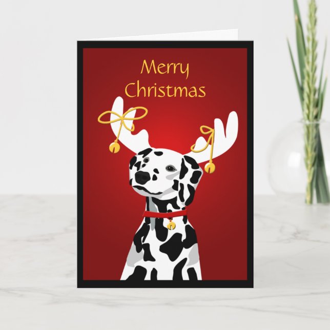 Dalmatian Christmas Dog with Deer Antlers Holiday Card (Front)