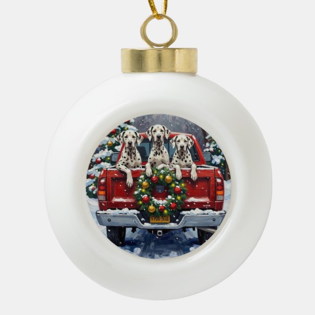 Dalmatian Christmas Red Truck Holiday Ceramic Ball Christmas Ornament (Front)