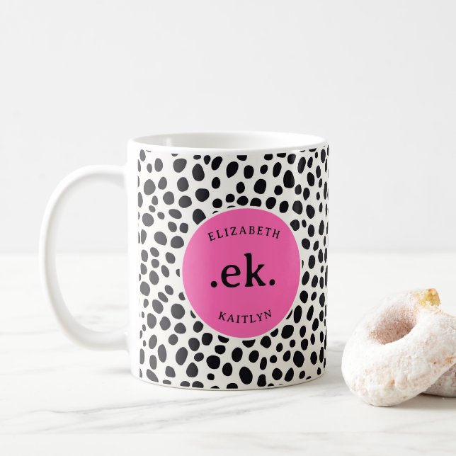  Dalmatian Dog Abstract Pattern Hot Pink Monogram Coffee Mug (With Donut)