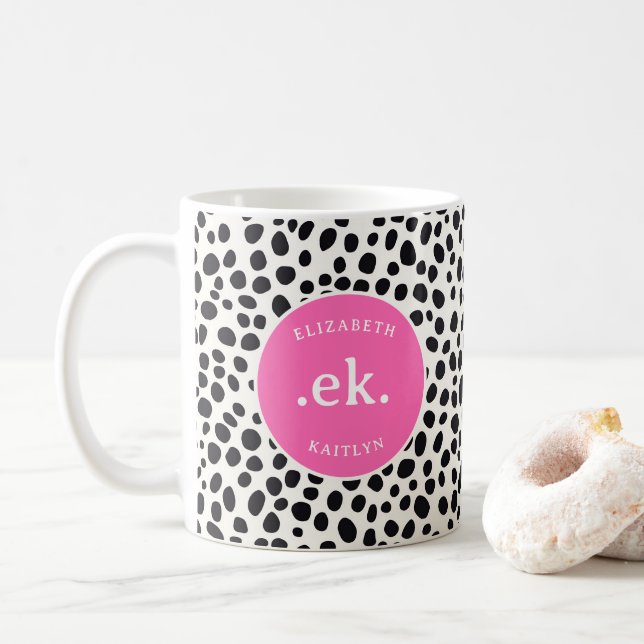  Dalmatian Dog Abstract Pattern Hot Pink Monogram Coffee Mug (With Donut)