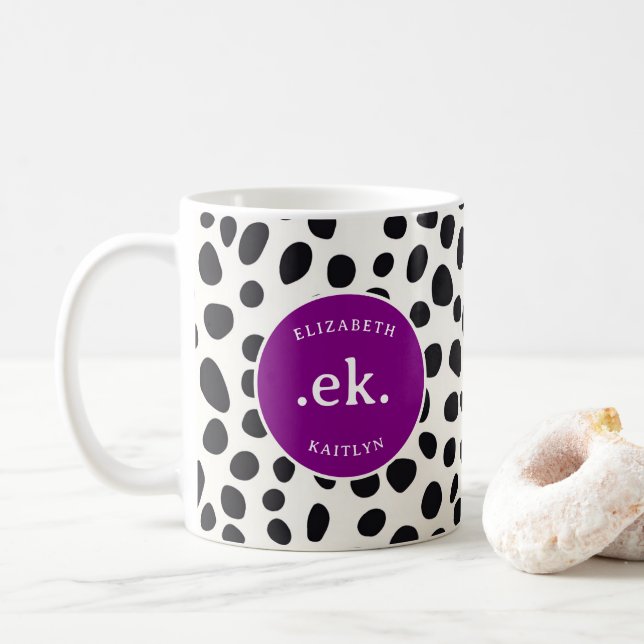  Dalmatian Dog Abstract Pattern Purple Monogram Coffee Mug (With Donut)