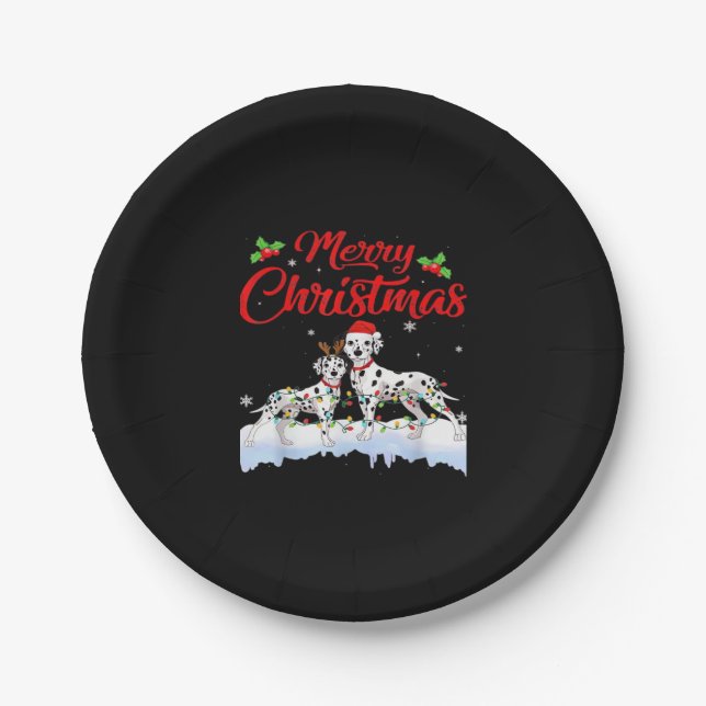 Dalmatian Dog Christmas Lights Santa Hat Xmas Dog  Paper Plate (Front)