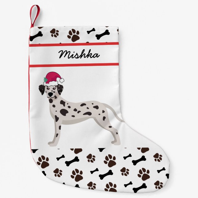 Dalmatian Dog Christmas With Custom Dog Name Small Christmas Stocking (Front)
