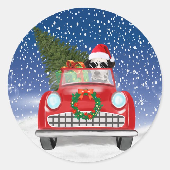 Dalmatian Dog Driving Car In Snow Christmas  Classic Round Sticker (Front)