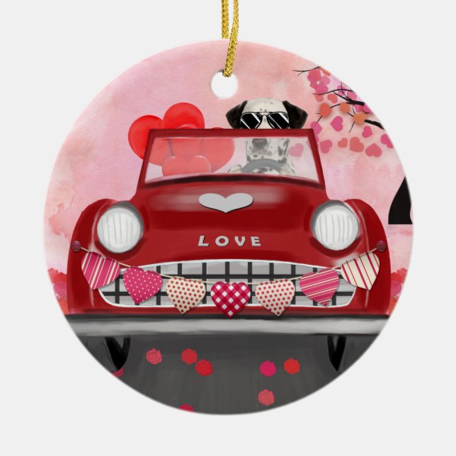 Dalmatian Dog Driving Car with Hearts Valentine's  Ceramic Ornament (Front)