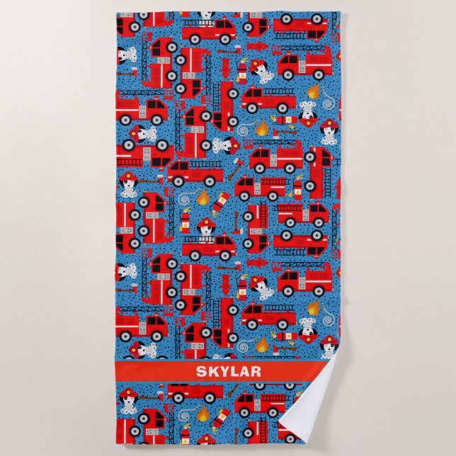 Dalmatian Dog Firetruck Firefighters Personalised Beach Towel (Front)