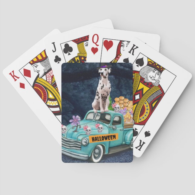 Dalmatian Dog Halloween Truck Scary Night Playing Cards (Back)