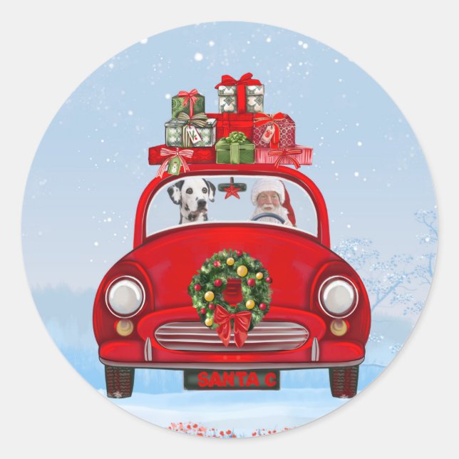 Dalmatian Dog In Car With Santa Claus  Classic Round Sticker (Front)