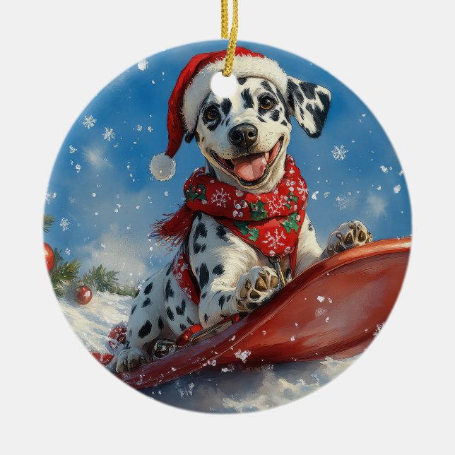 Dalmatian Dog in Sledge Let it Snow Christmas Ceramic Ornament (Front)