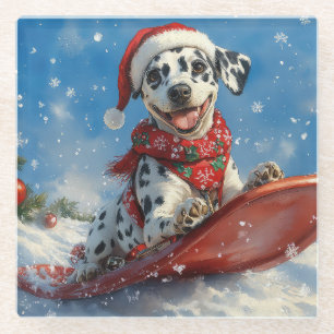 Dalmatian Dog in Sledge Let it Snow Christmas Glass Coaster
