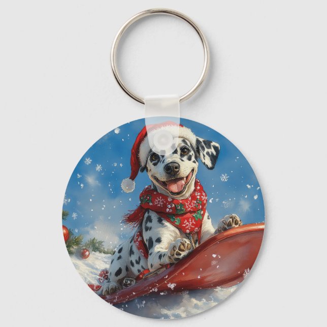 Dalmatian Dog in Sledge Let it Snow Christmas Key Ring (Front)