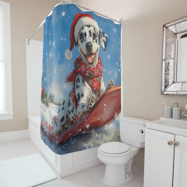 Dalmatian Dog in Sledge Let it Snow Christmas Shower Curtain (In Situ)