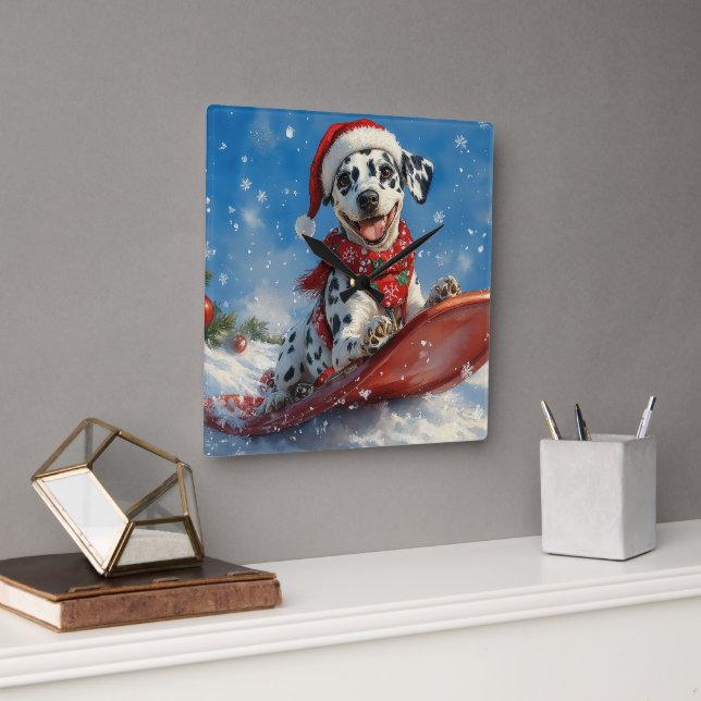 Dalmatian Dog in Sledge Let it Snow Christmas Square Wall Clock (Office)