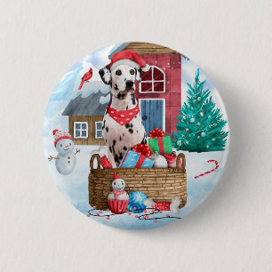 Dalmatian Dog In snow Christmas Dog House 6 Cm Round Badge