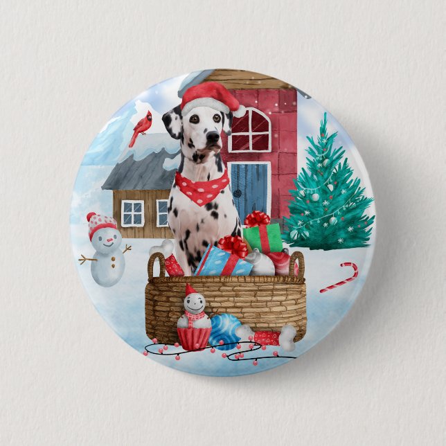 Dalmatian Dog In snow Christmas Dog House 6 Cm Round Badge (Front)