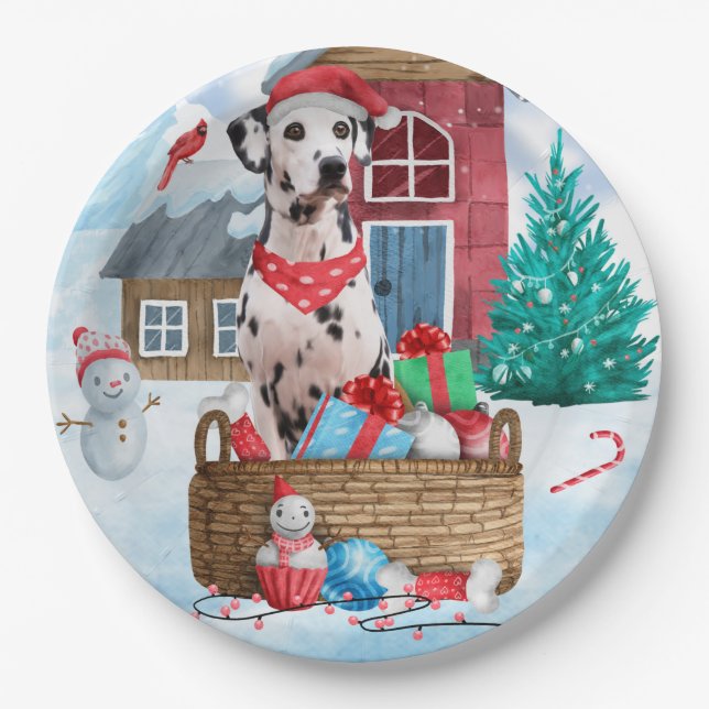 Dalmatian Dog In snow Christmas Dog House Paper Plate (Front)