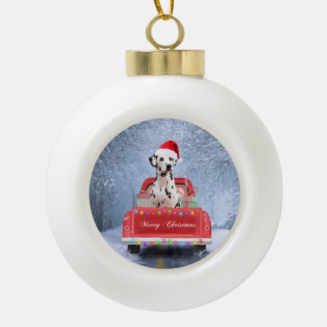 Dalmatian Dog in Snow sitting in Christmas  Ceramic Ball Christmas Ornament (Front)