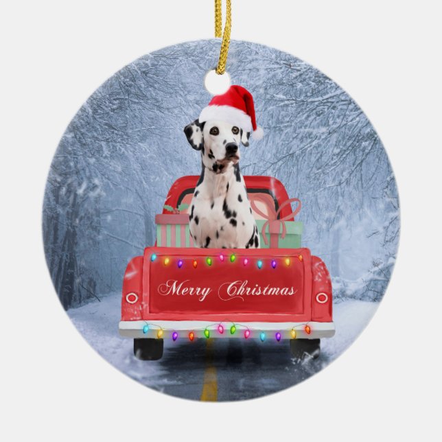 Dalmatian Dog in Snow sitting in Christmas Truck Ceramic Ornament (Front)