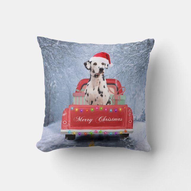 Dalmatian Dog in Snow sitting in Christmas Truck Cushion (Front)