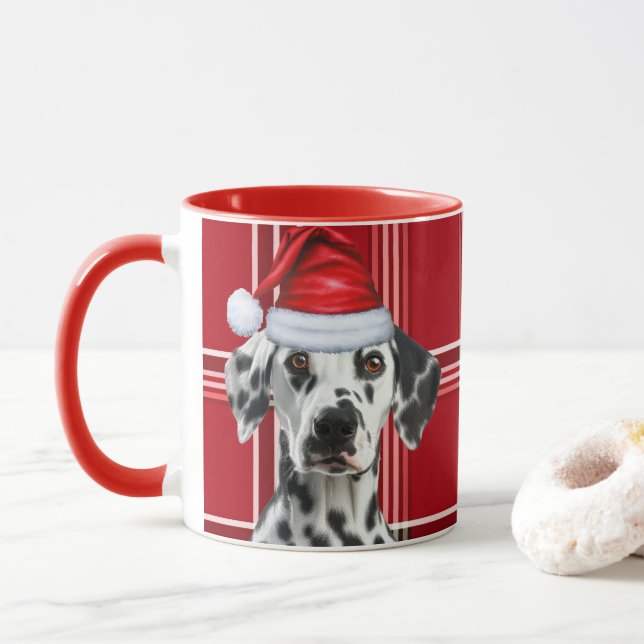 Dalmatian Dog Lover Red Holiday Plaid Christmas Mug (With Donut)