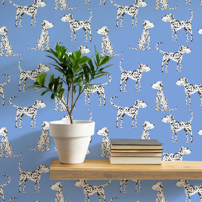 Dalmatian Dog Pattern Blue Wallpaper (Fun Dalmatian dog peel and stick art wallpaper for animal and pet lovers)