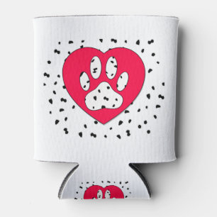 Dalmatian Dog Paw Print In Red Heart Can Cooler
