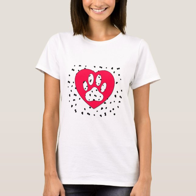 Dalmatian Dog Paw Print In Red Heart T-Shirt (Front)